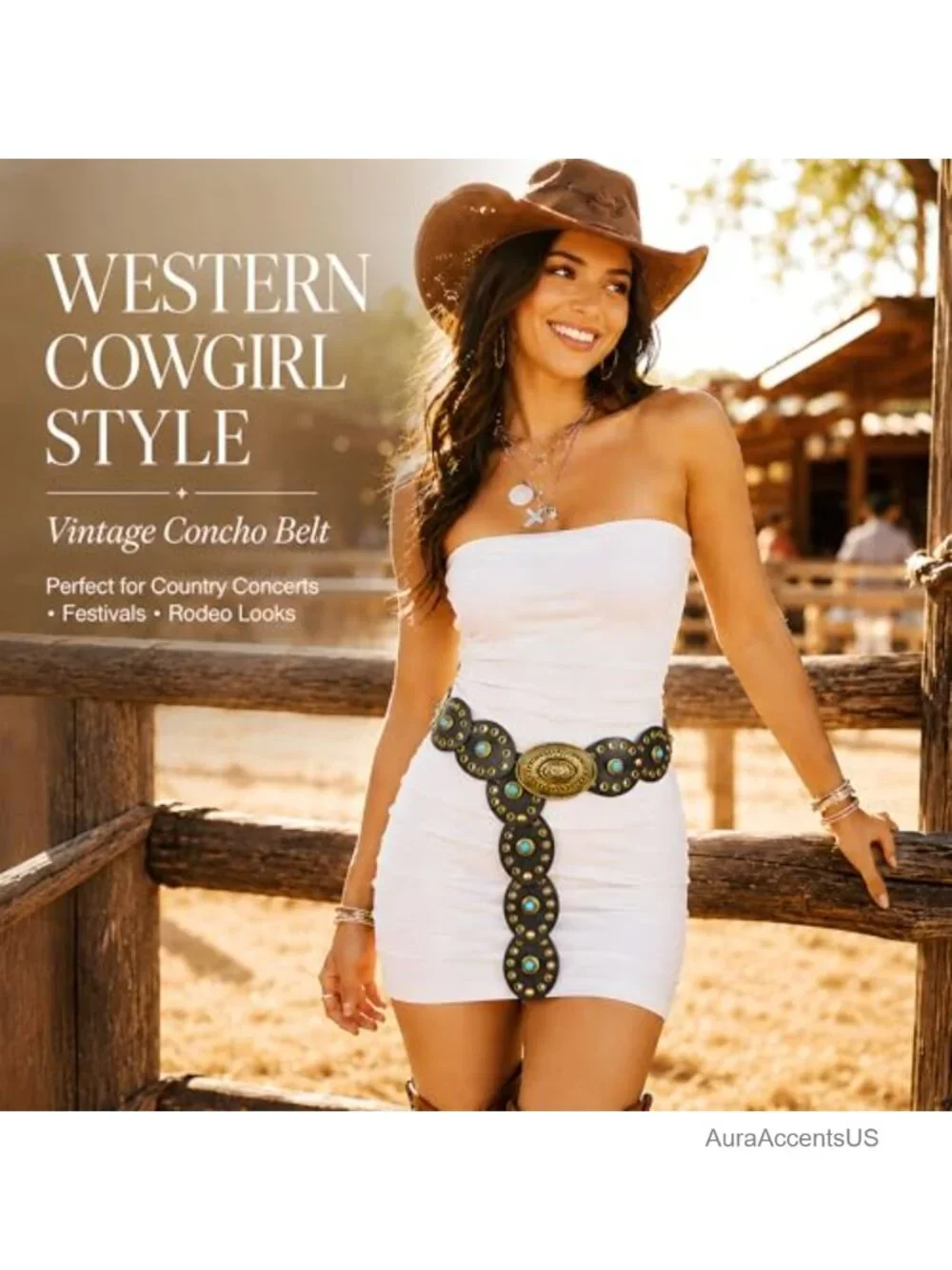 Vintage Concho Cowgirl Belt for Women, Faux Leather PU Leather Disc Belt